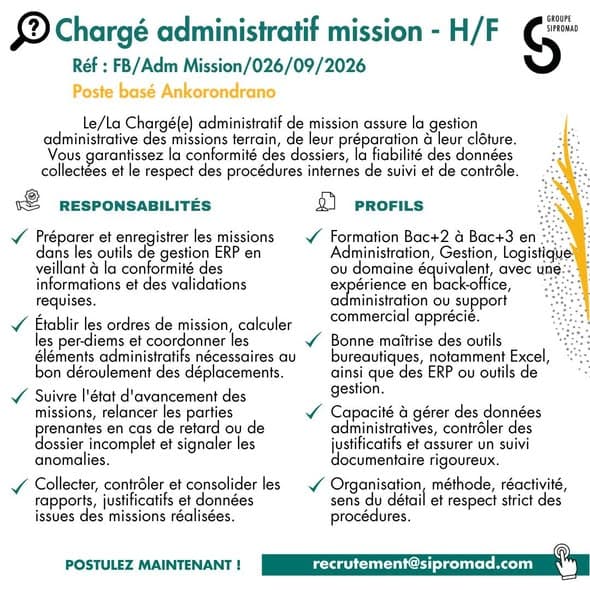 CHARGÉ ADMINISTRATIF MISSION — H/F